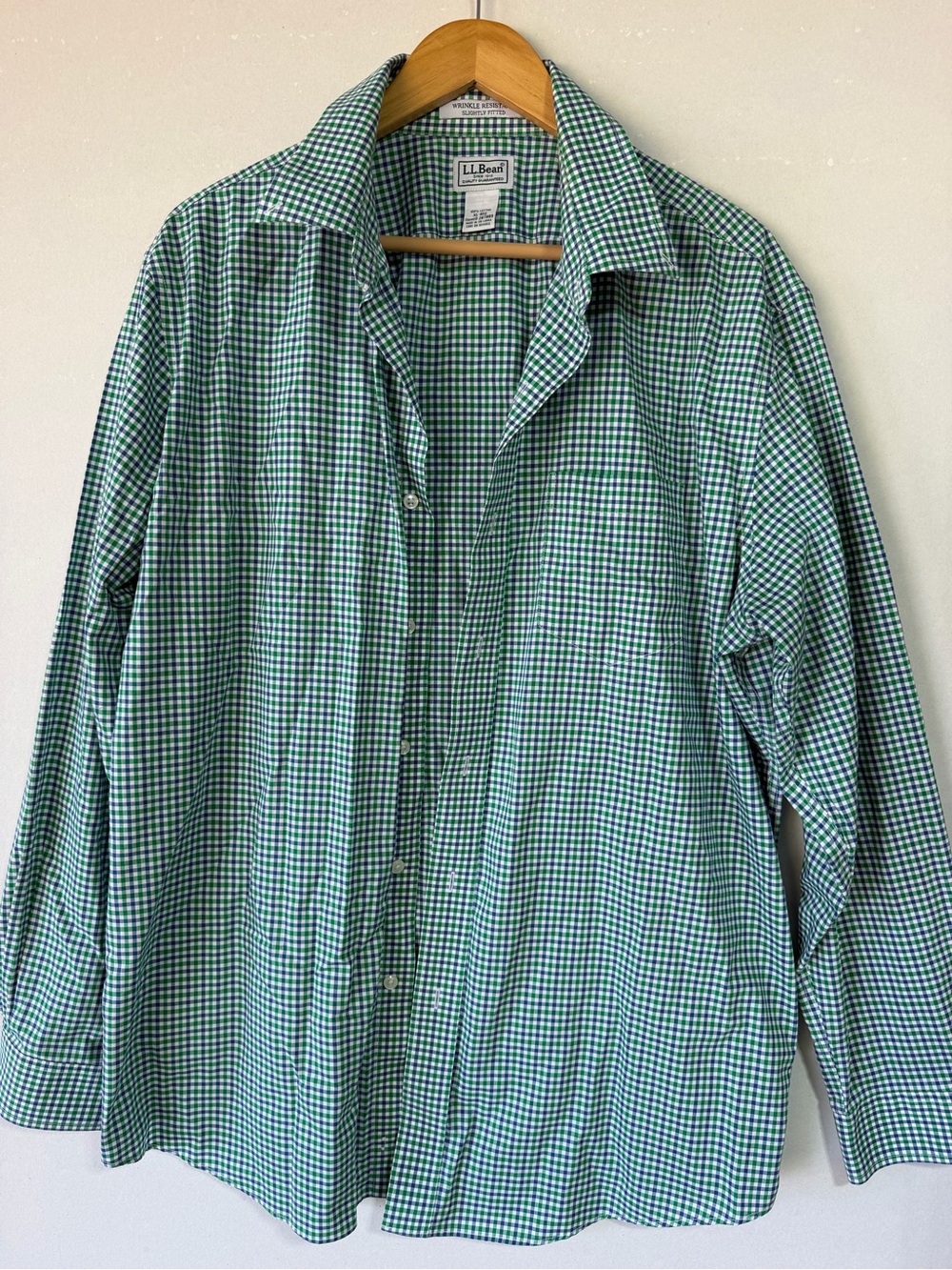 L.L. Bean Men's Green and White Gingham Button-Down Shirt